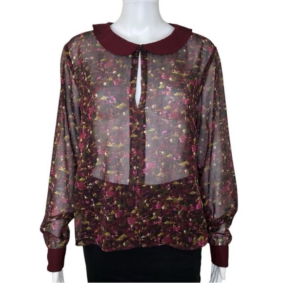 W118 by Walter Baker Women’s Red Print Sheer Long Sleeve Button Back Top Size M - Picture 1 of 10